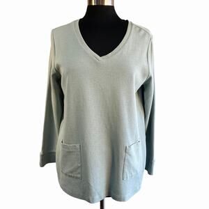 J. Jill Sage Green V-neck Knit Top Front Pockets Casual Coastal Comfy Sz LG